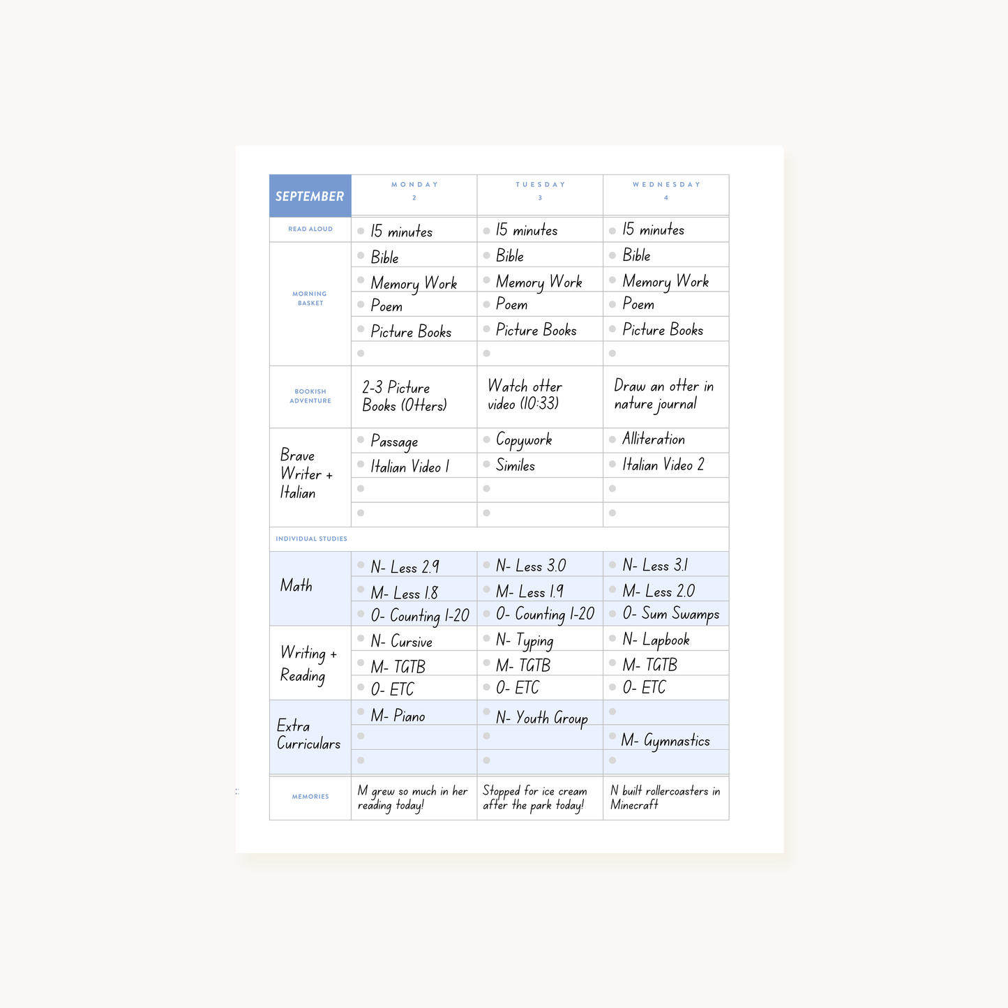 2024-2025 Weekly Homeschool Planner